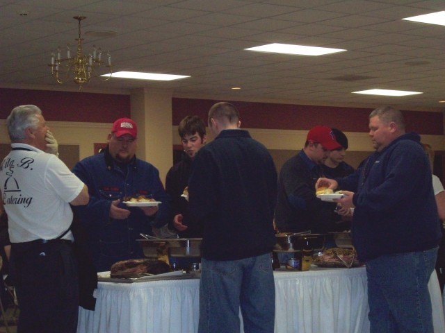 The stand-by crews from Union Fire Company of Oxford, PA, Leonardtown V.F.D and Seventh District make their way through the buffet line
